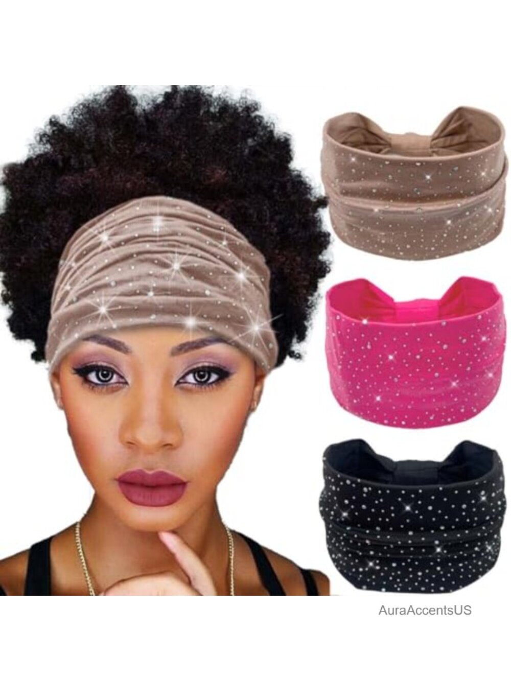 Rhinestone Turban Headbands Spandex Stretch Wide Hair Bands for Workout Yoga